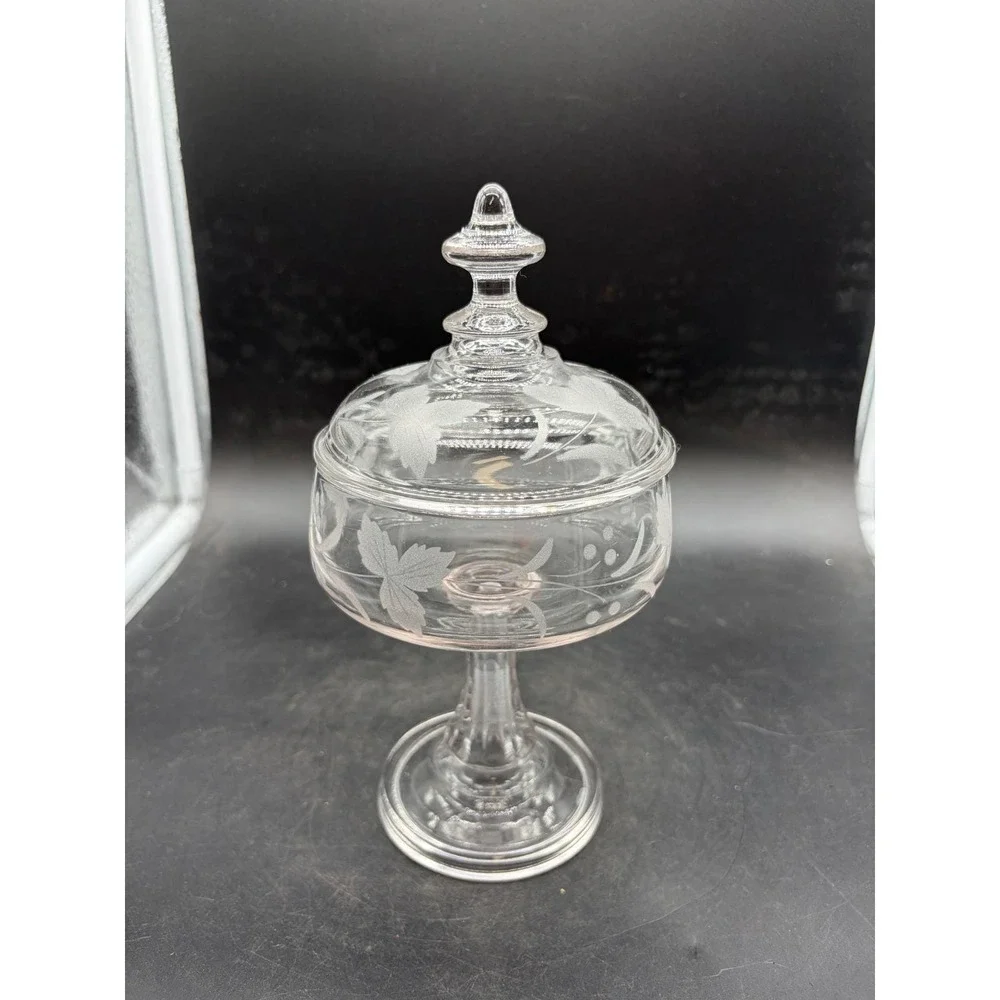 Vintage Etched Glass Pedestal Candy Dish with Lid Leaf Vine Footed Compote Clear